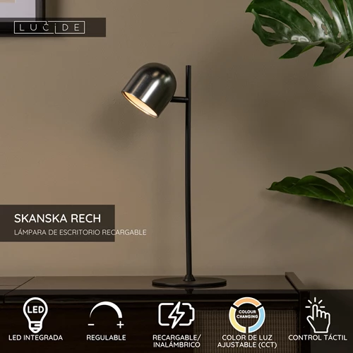 Lucide SKANSKA RECH - Lámpara de escritorio Recargable Dentro/Fuera - Batería/acumulador - LED Regul. - CCT - 1x3W 3000K/6000K - IP44 - Hierro gris - USP